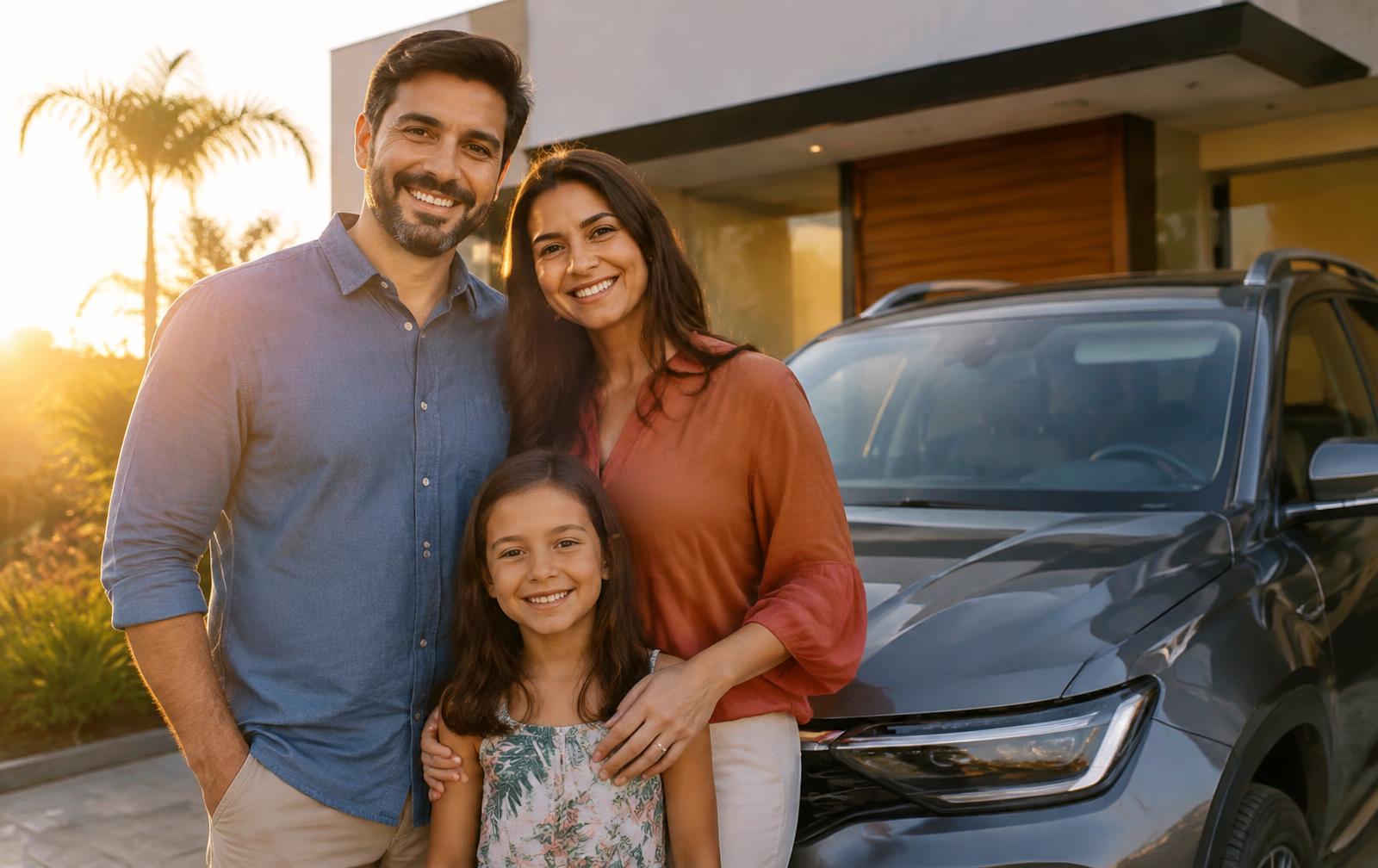 Família ao lado do carro em frente à casa